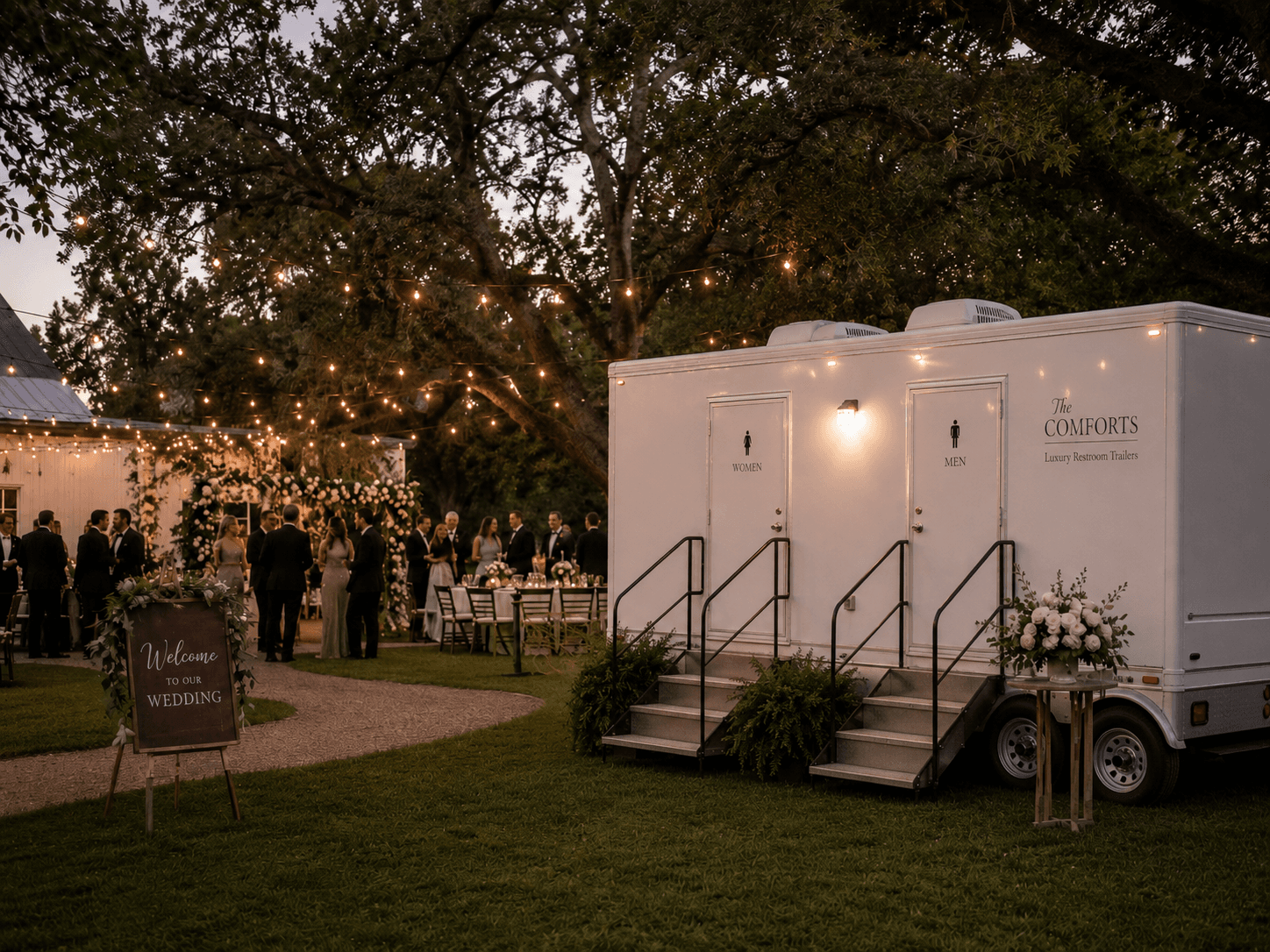 Wedding restroom trailer at an outdoor wedding near Lawton, Oklahoma