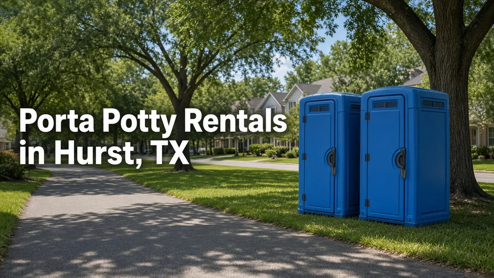 Blue portable toilets beside a shaded park trail, headline Porta Potty Rentals in Hurst, TX