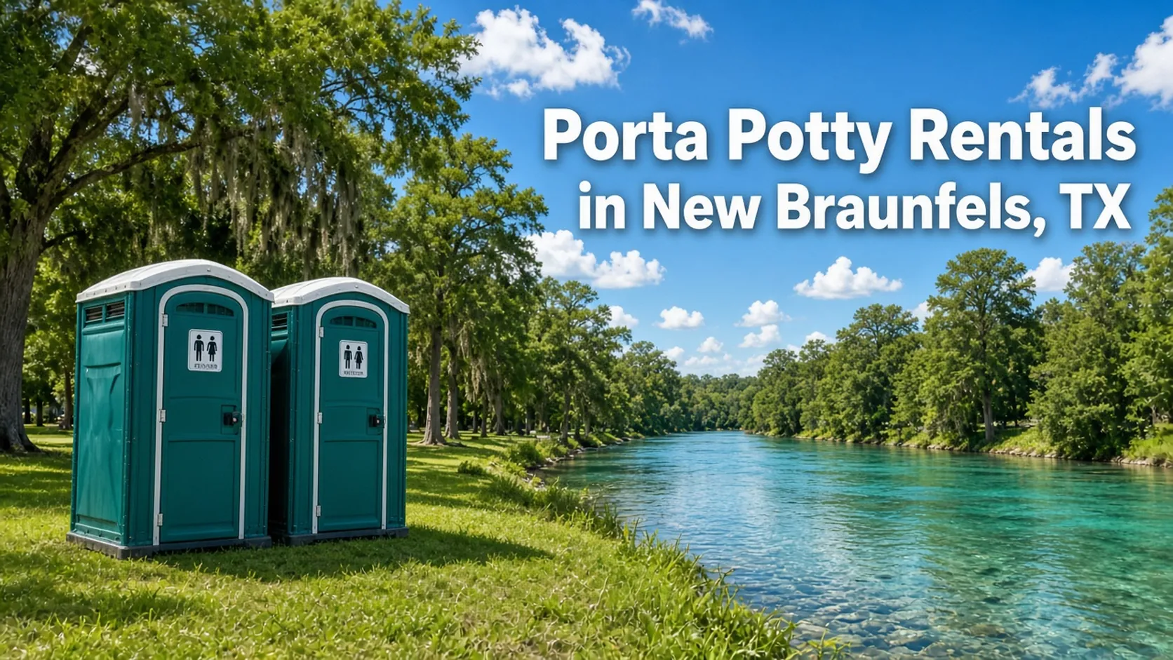 Two teal portable toilets on mowed grass beside a clear spring-fed river lined with cypress and live oak trees, with the headline Porta Potty Rentals in New Braunfels, TX