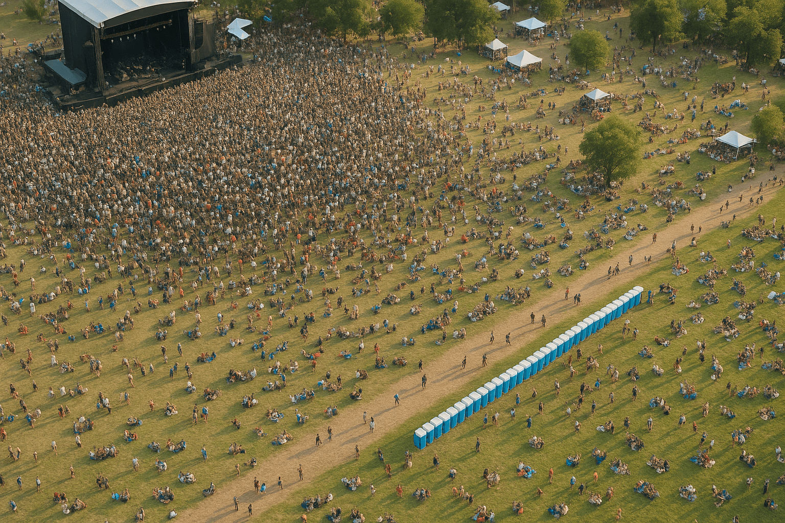 Aerial view of a music festival with roughly 10,000 attendees and a row of portable restrooms