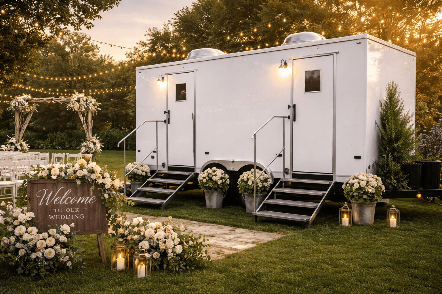 Luxury restroom trailer rental at a Colorado outdoor wedding event