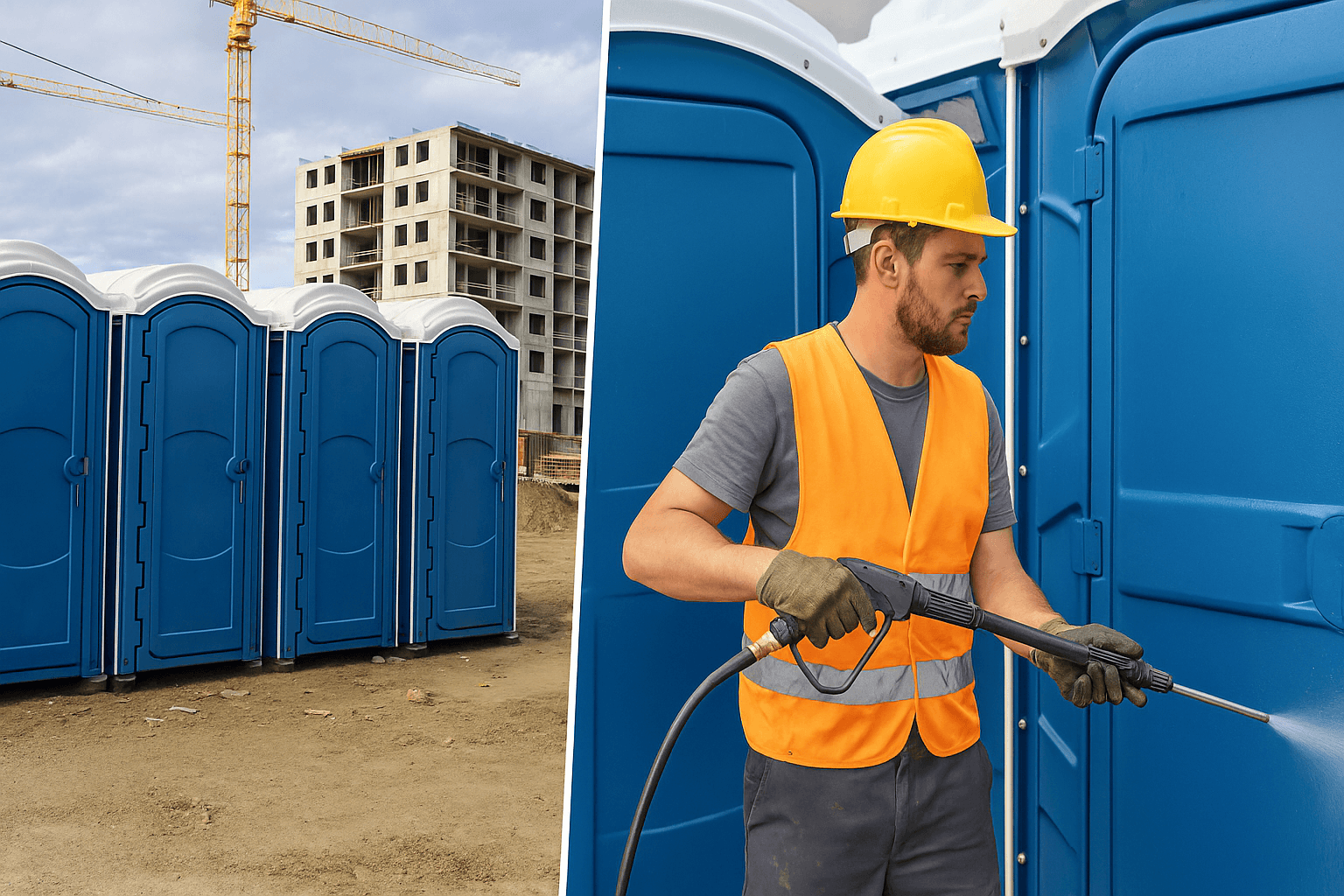 Service technician cleaning and servicing a porta potty on a Colorado construction job site