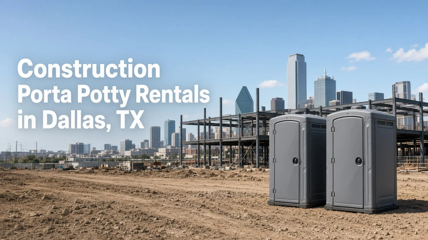Gray portable toilets on graded dirt at a Dallas site with steel framing and the skyline, headline in image
