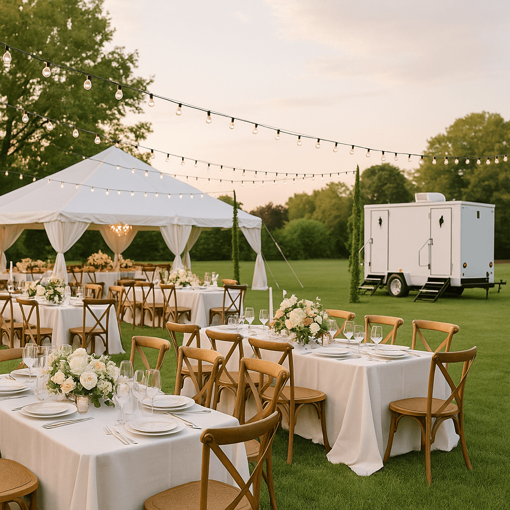 Elegant outdoor wedding with a portable restroom trailer in the background