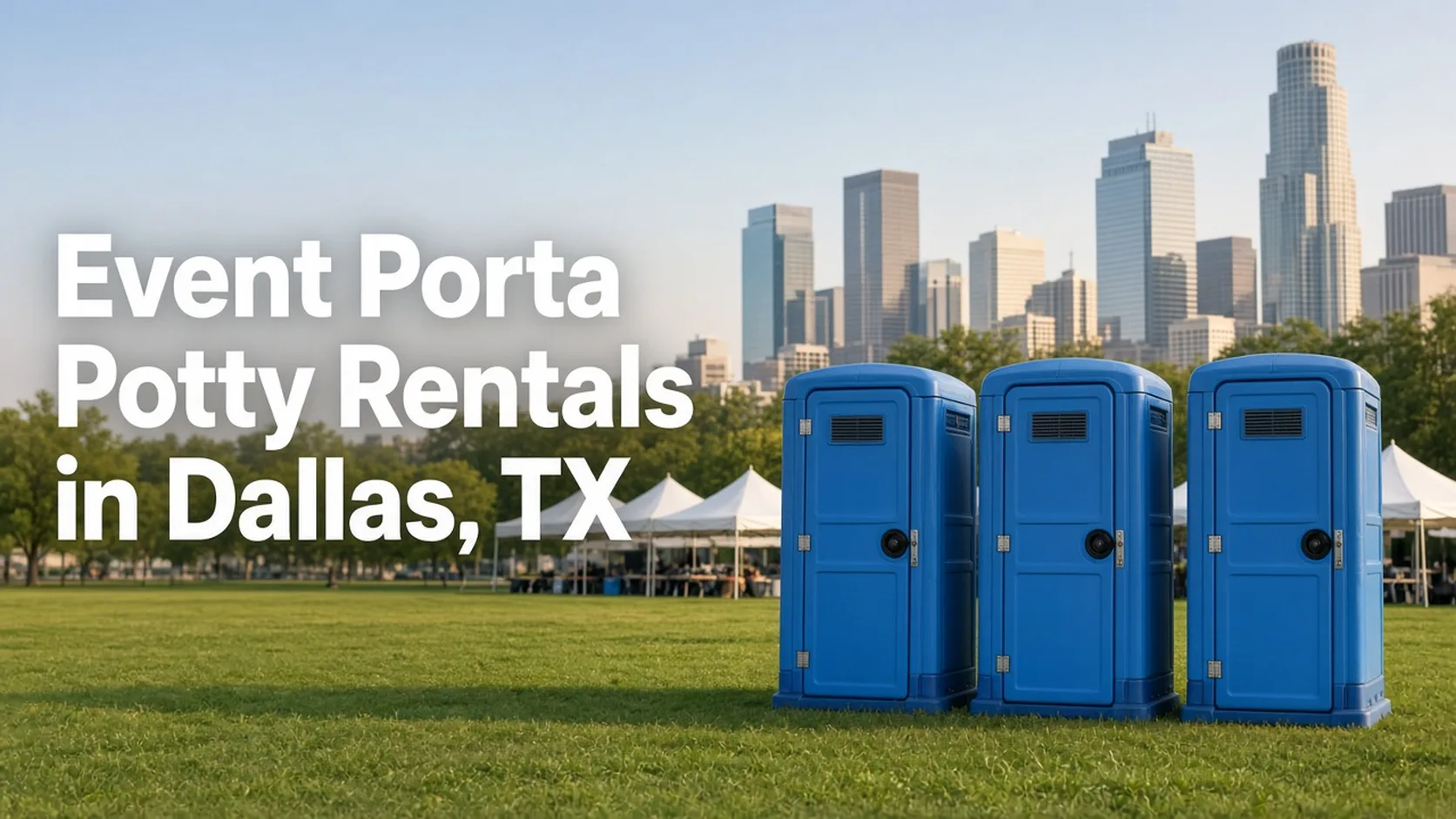Three blue portable toilets on a festival lawn with tents and the Dallas skyline, headline in image