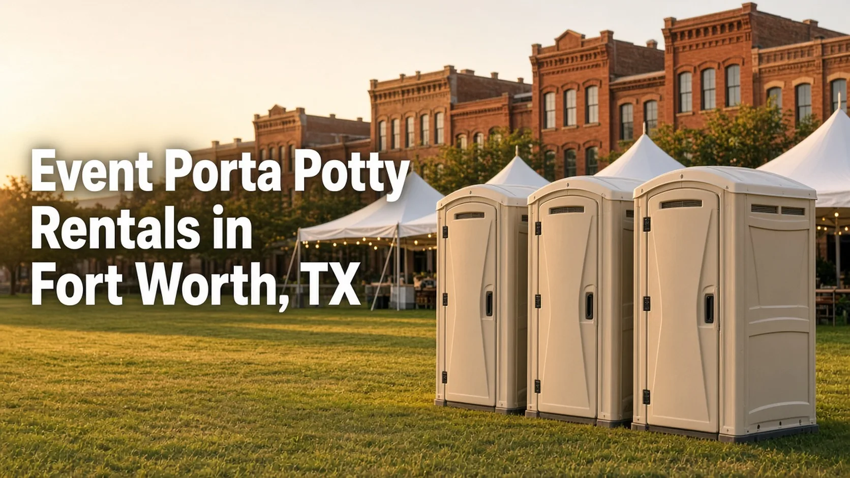 Three tan portable toilets on a lawn with tents and red-brick buildings at golden hour, Fort Worth headline