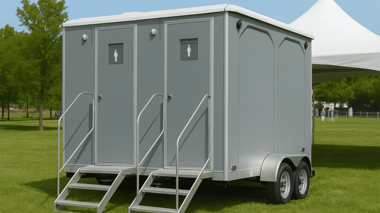 Luxury portable restroom trailer rental at an outdoor wedding event