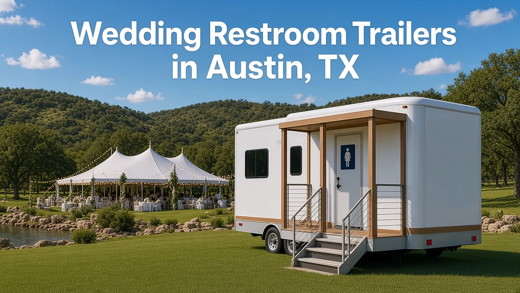 White restroom trailer with wood trim at a Hill Country wedding venue with a reception tent, with the headline Wedding Restroom Trailers in Austin, TX