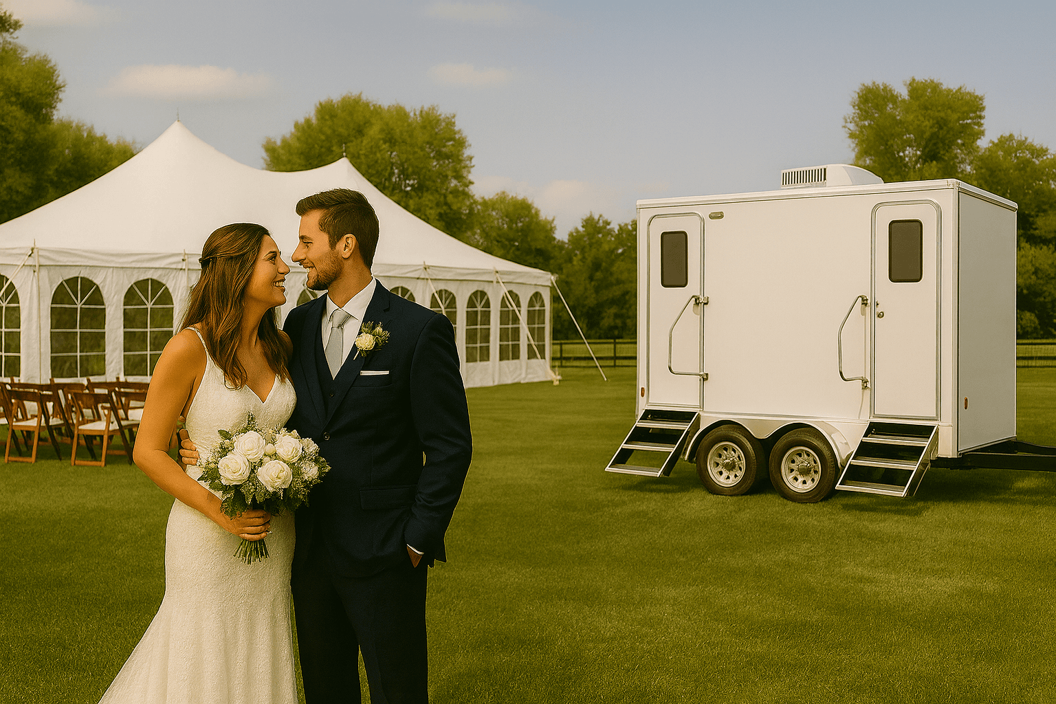 Luxury restroom trailer set up at an outdoor wedding venue near Fort Collins, Colorado