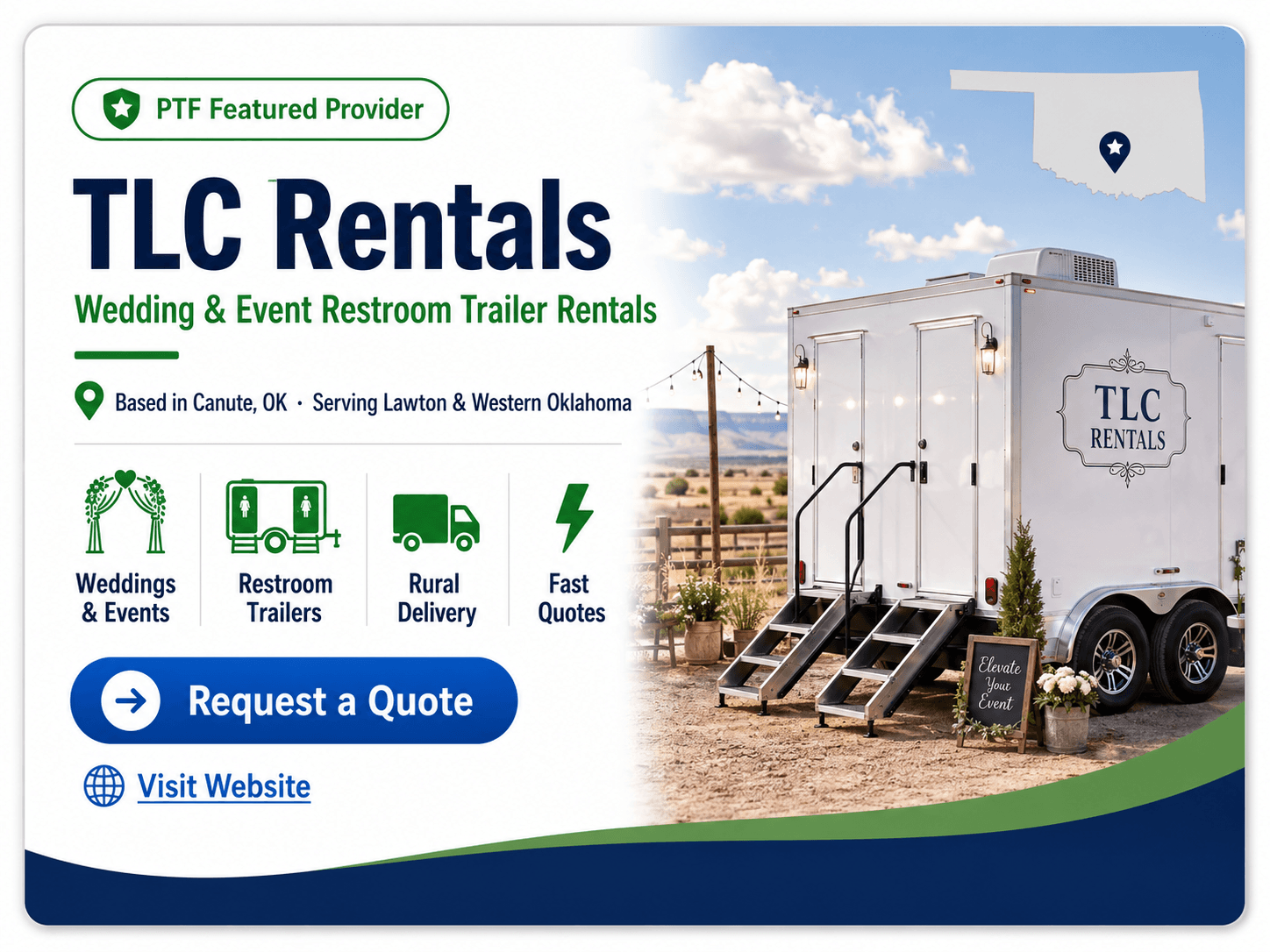 Restroom trailer available for weddings and outdoor events near Lawton, Oklahoma