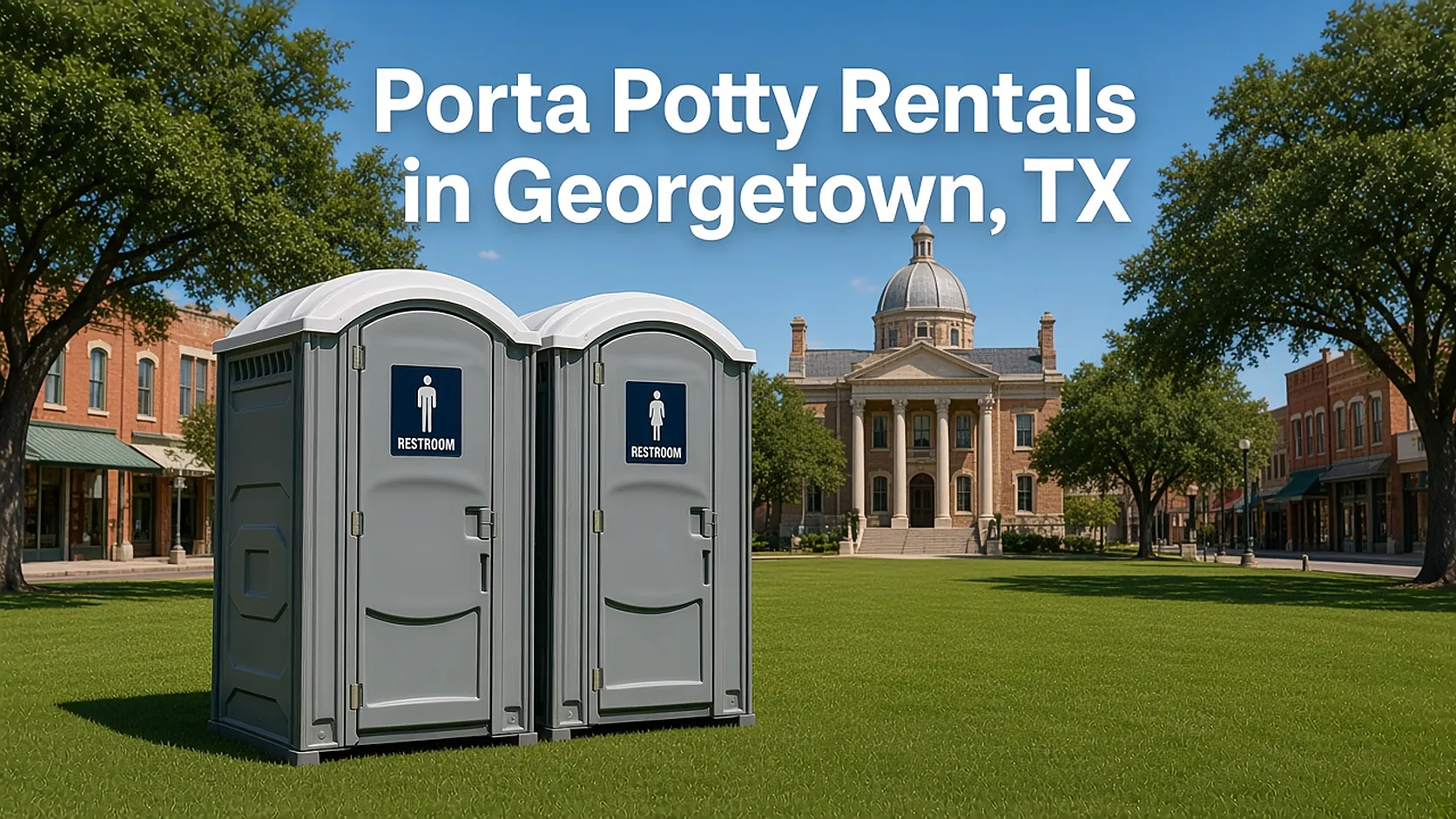 Two gray portable toilets on a lawn at a historic courthouse square with the headline Porta Potty Rentals in Georgetown, TX