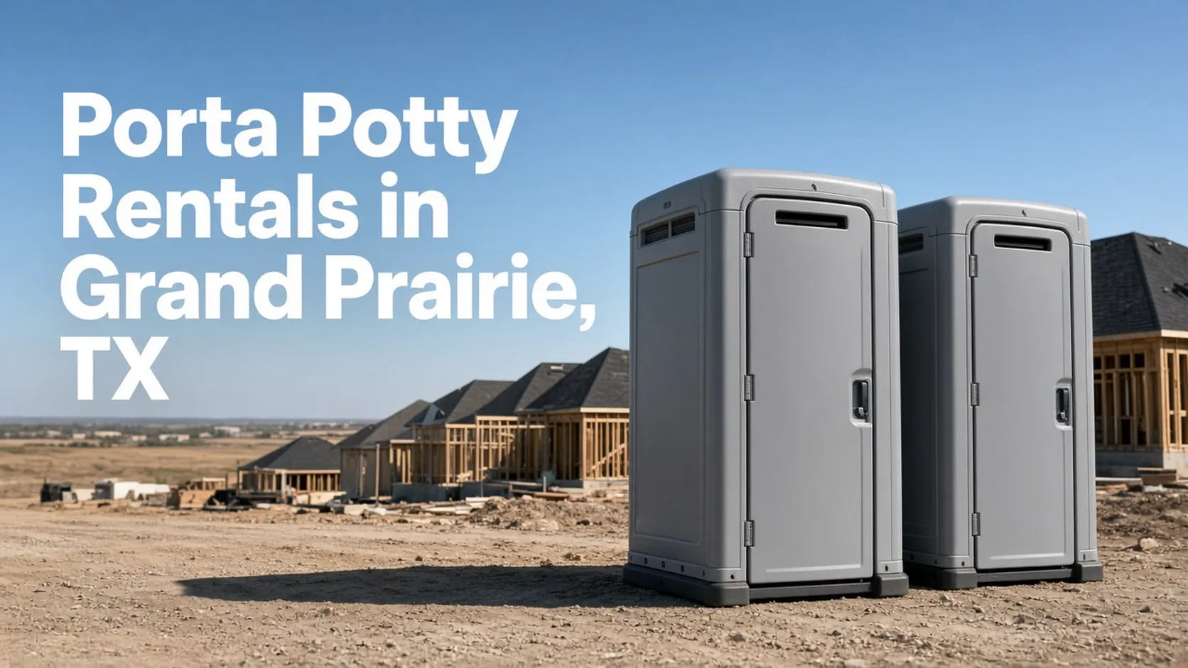 Gray portable toilets at a suburban build site with framed homes, headline Porta Potty Rentals in Grand Prairie, TX