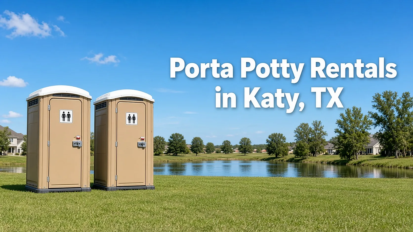Two tan portable toilets on a green lawn beside a pond with the headline Porta Potty Rentals in Katy, TX