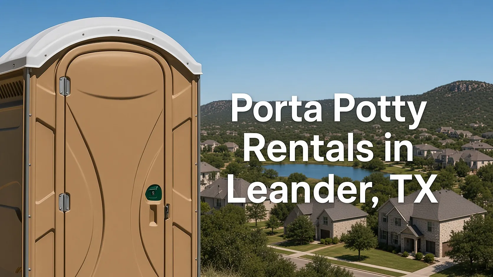 Close-up of a tan portable toilet overlooking a Hill Country neighborhood and lake with the headline Porta Potty Rentals in Leander, TX