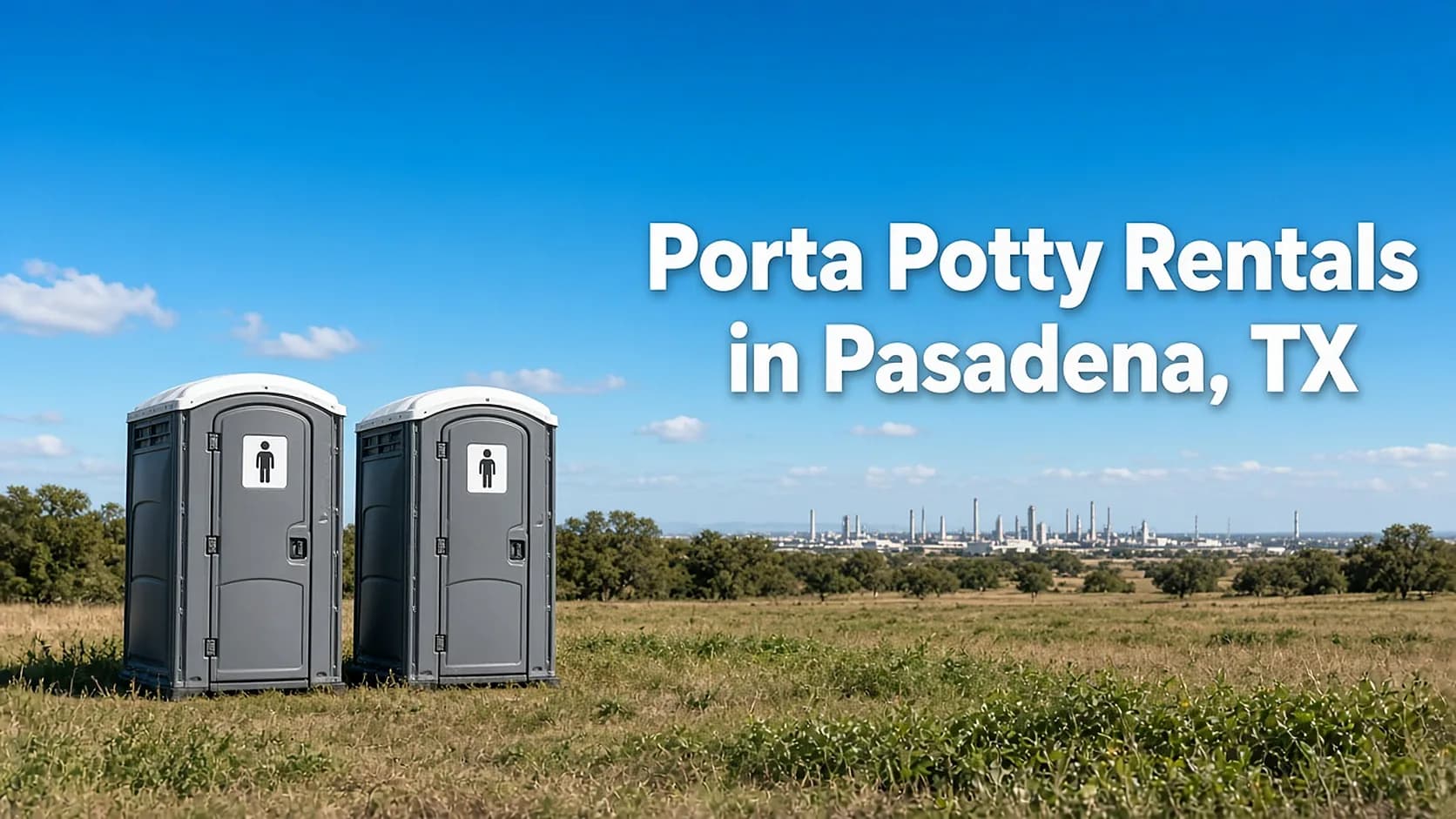 Two gray portable toilets on dry grass with an industrial skyline in the distance and the headline Porta Potty Rentals in Pasadena, TX
