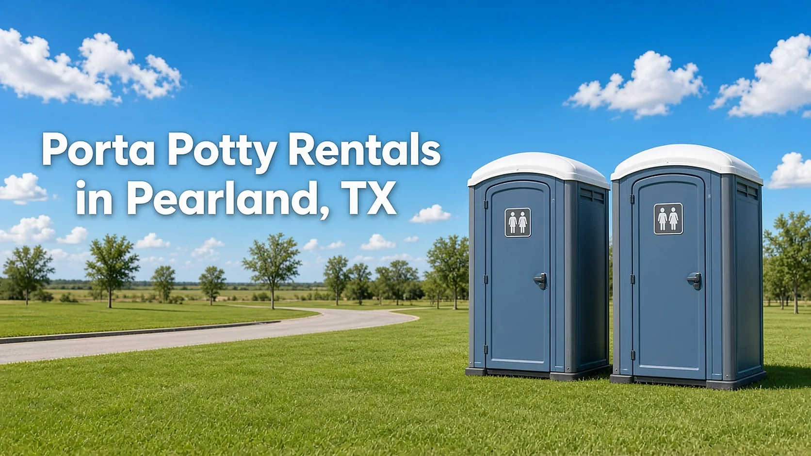 Two dark blue portable toilets on a green lawn beside a park path with the headline Porta Potty Rentals in Pearland, TX