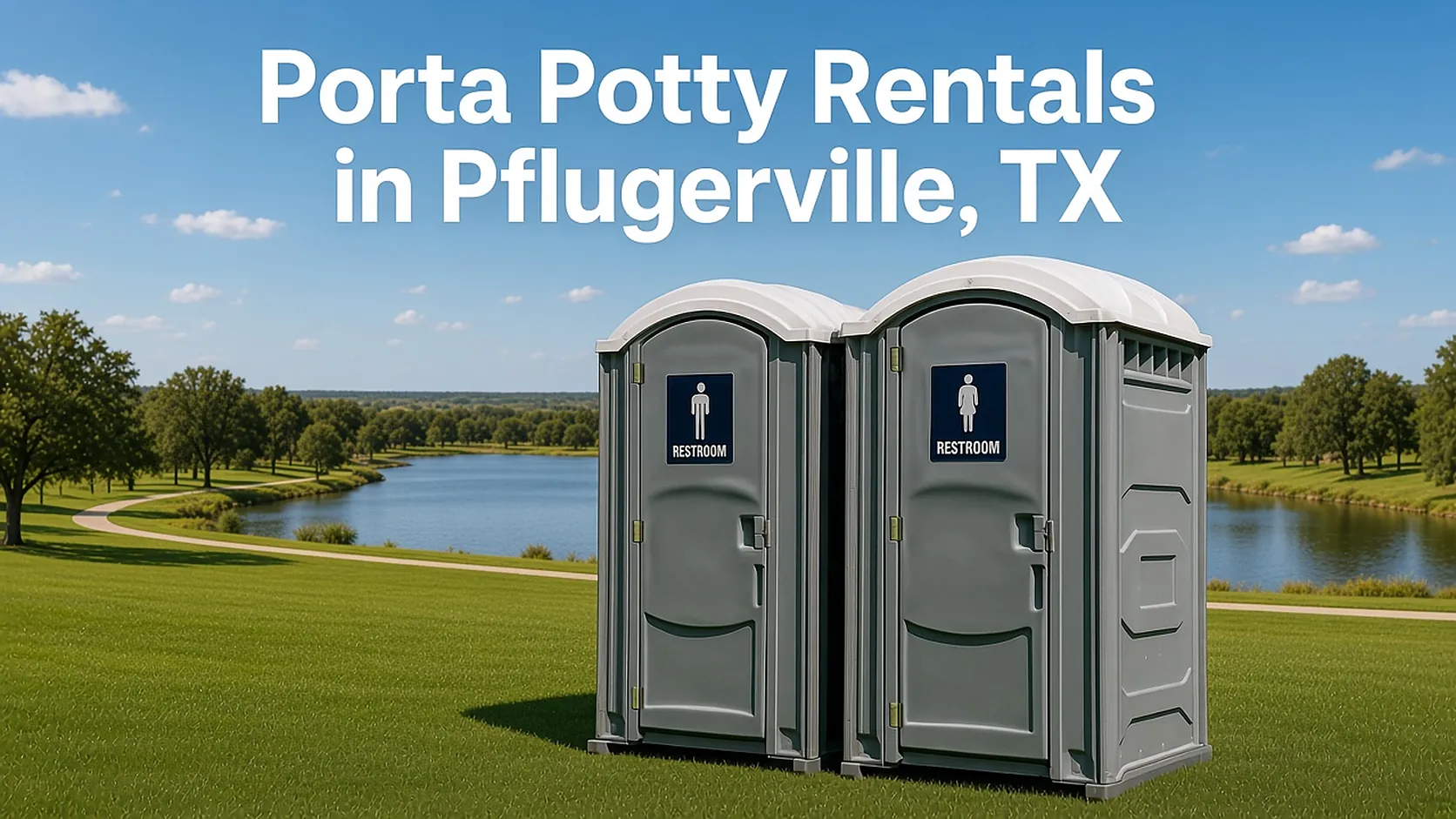 Two gray portable toilets beside a lakeside trail in a park with the headline Porta Potty Rentals in Pflugerville, TX