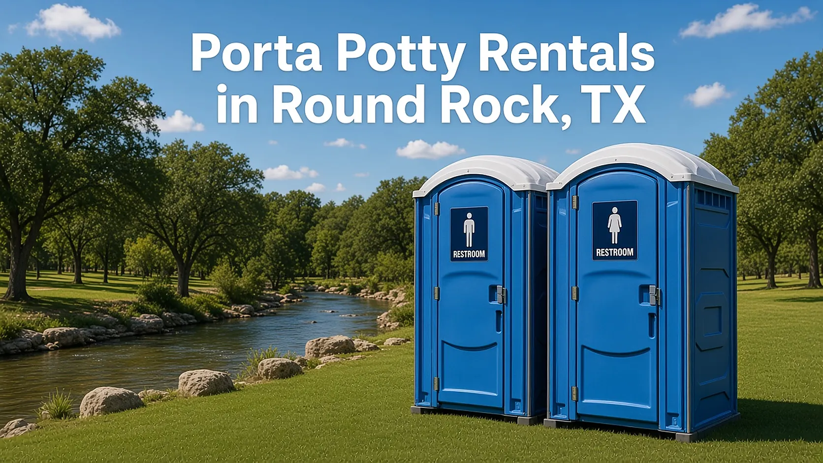 Two blue portable toilets beside a limestone creek in a park with the headline Porta Potty Rentals in Round Rock, TX