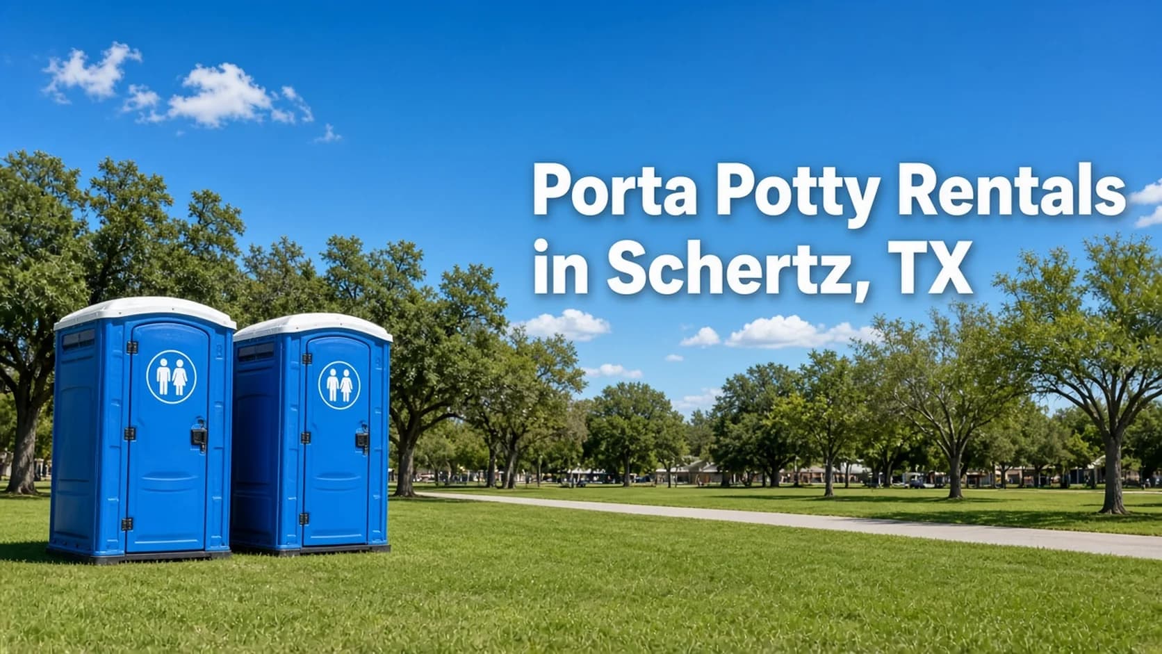 Two blue portable toilets on mowed grass at the edge of a suburban park with live oaks and mesquite, with the headline Porta Potty Rentals in Schertz, TX