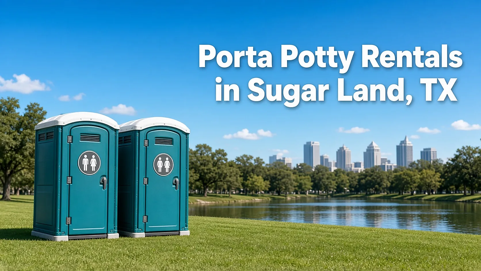 Two teal portable toilets on a green lawn beside a lake with trees and a distant skyline, with the headline Porta Potty Rentals in Sugar Land, TX