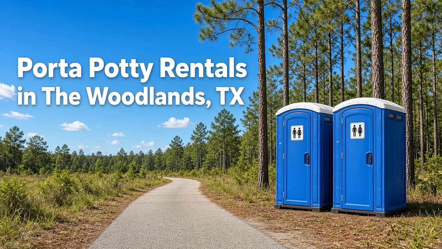 Two blue portable toilets beside pine trees and a paved path with the headline Porta Potty Rentals in The Woodlands, TX