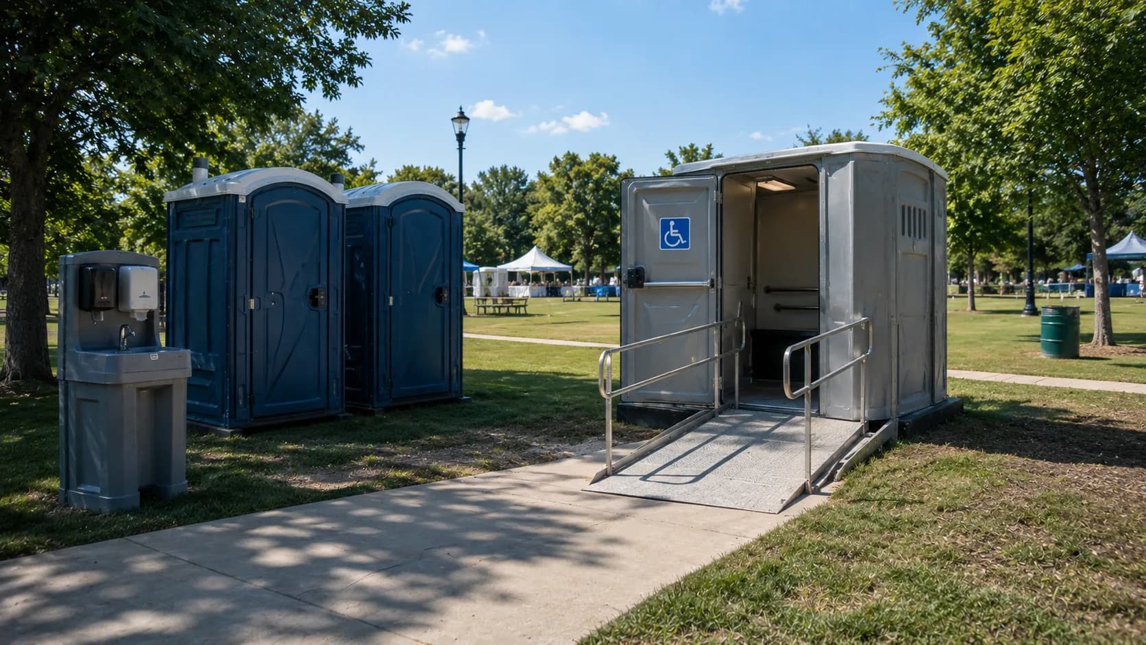 ADA-accessible portable toilet with ramp and hand wash station at an outdoor event