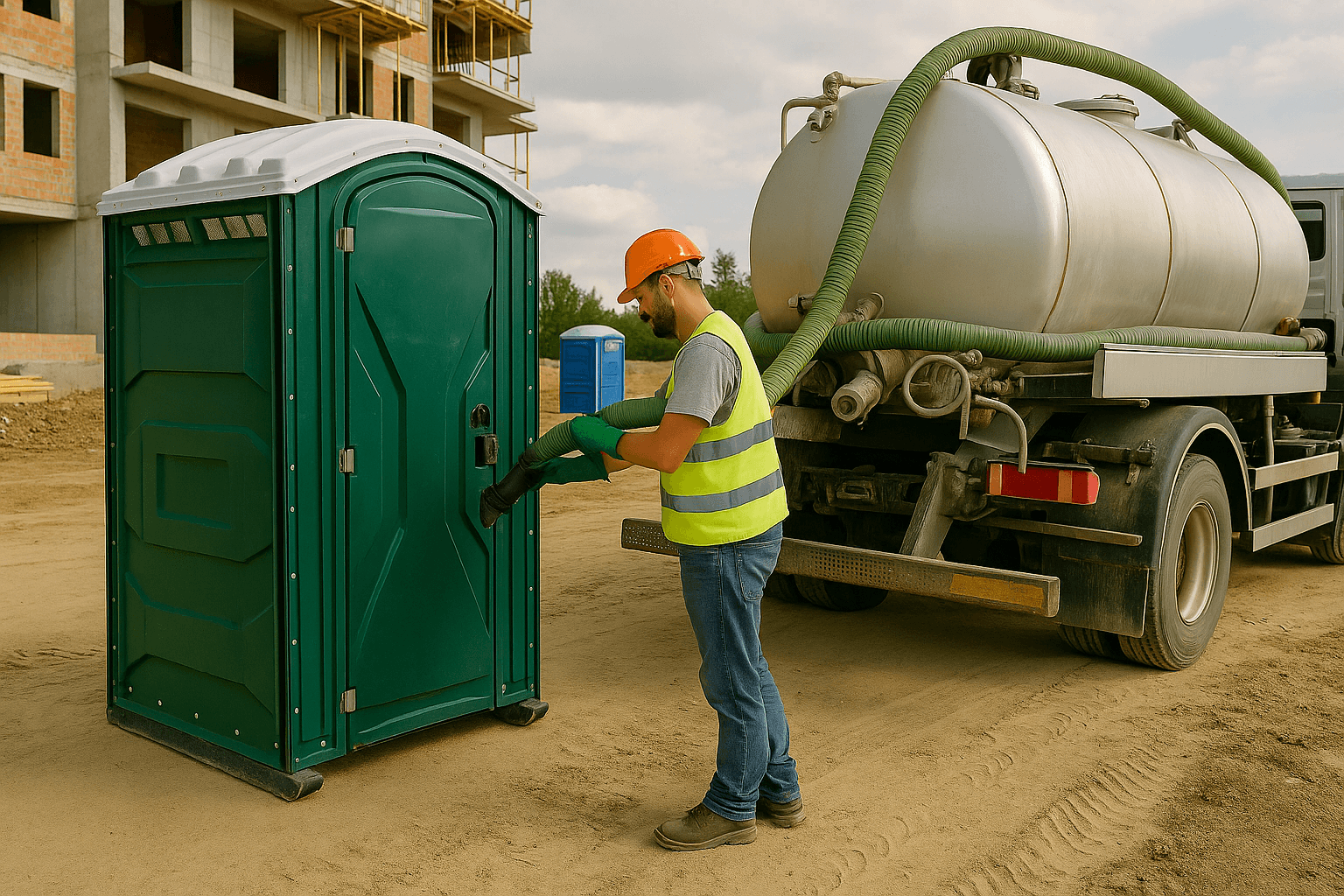 Portable toilet servicing truck making a job site delivery in Colorado Springs, Colorado