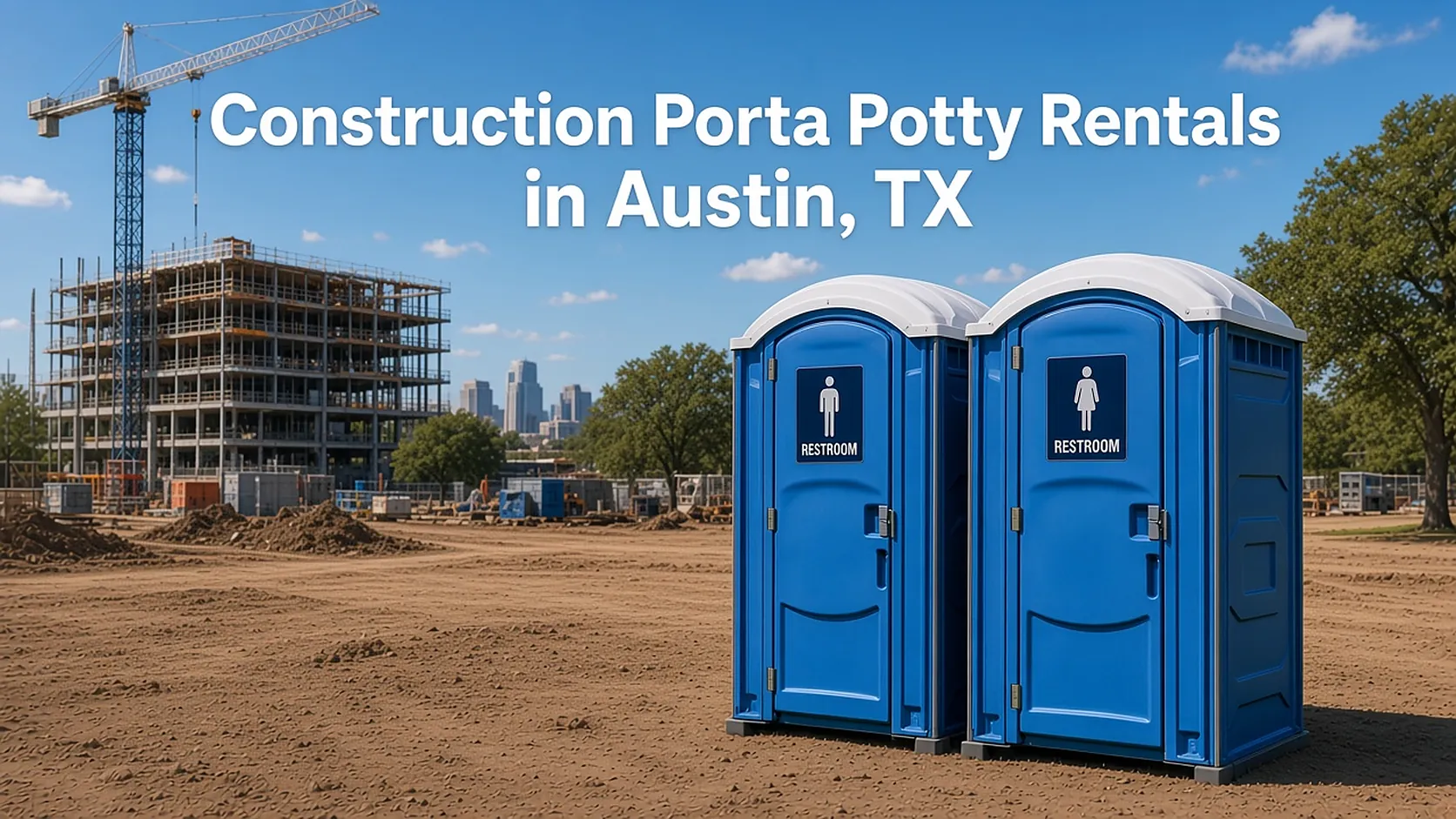 Two blue portable toilets at an Austin commercial construction site with the headline Construction Porta Potty Rentals in Austin, TX