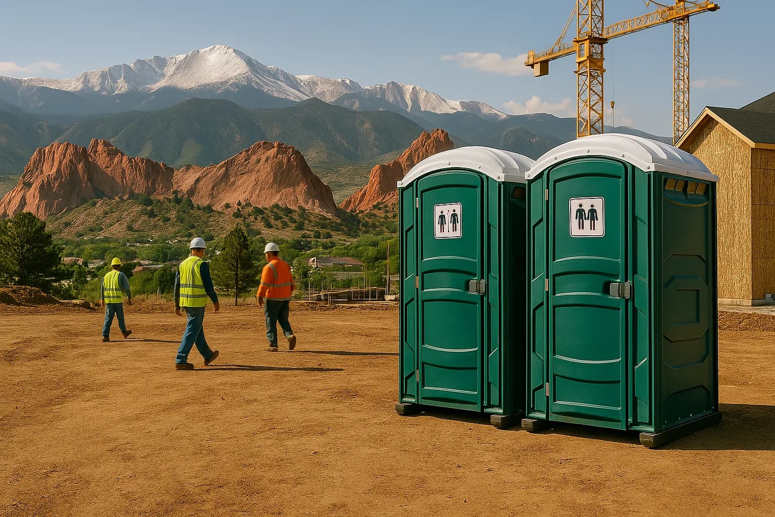 Portable toilet rental setup at a Colorado mountain construction job site