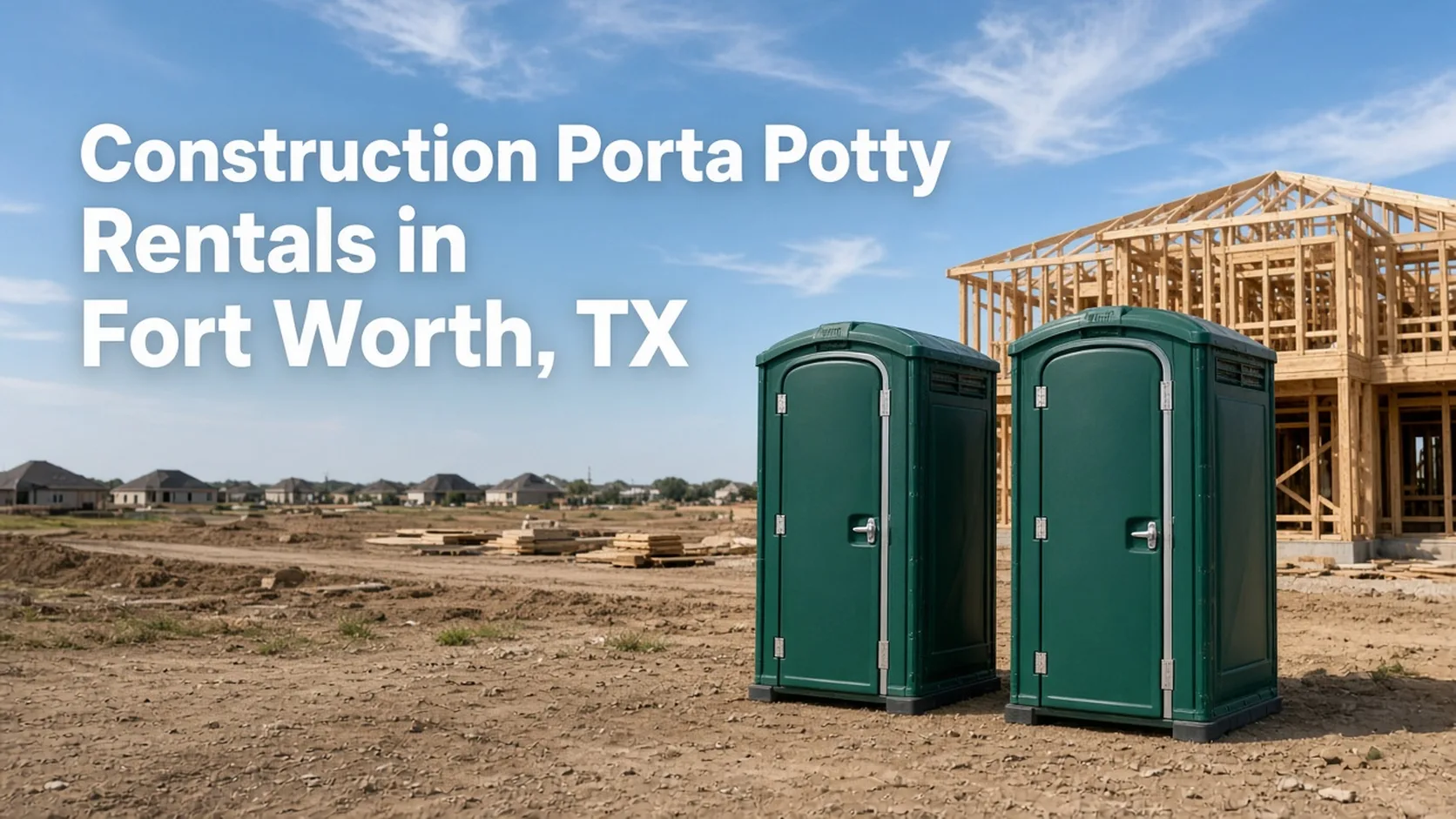 Green portable toilets at a Fort Worth subdivision build with house framing, headline in image
