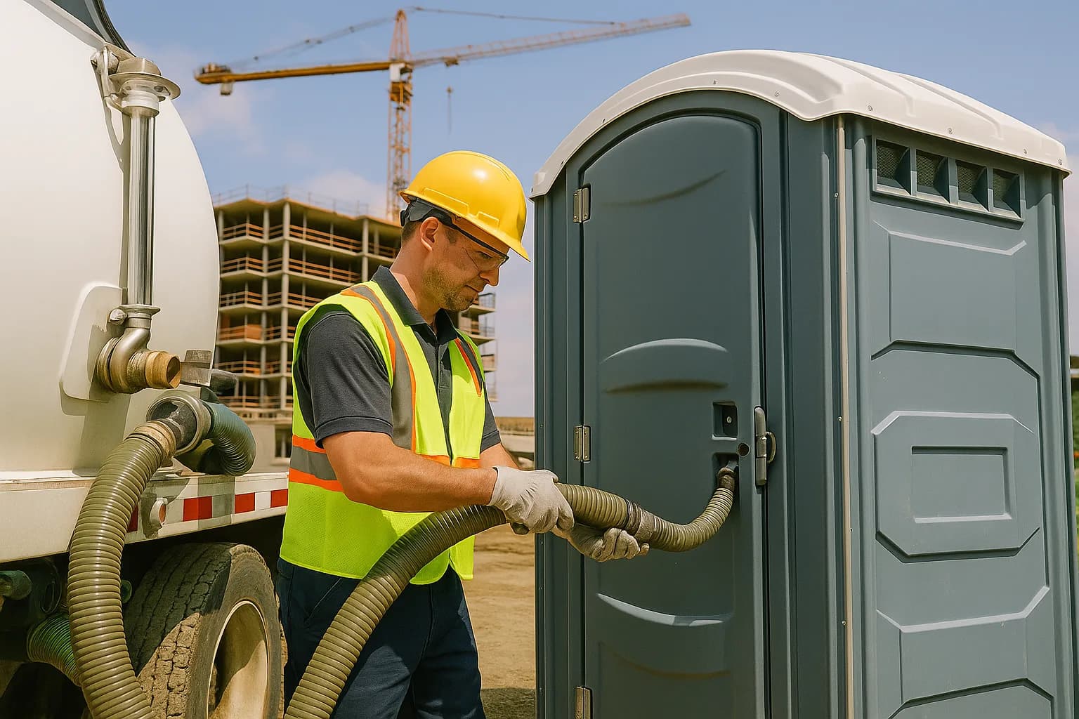 Service technician servicing a portable toilet on a Grand Junction, Colorado construction site