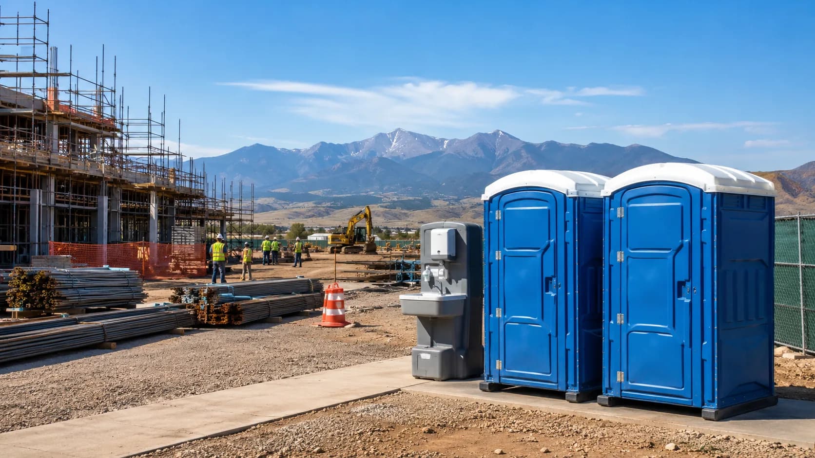 Portable toilets and hand wash station on a Colorado construction job site