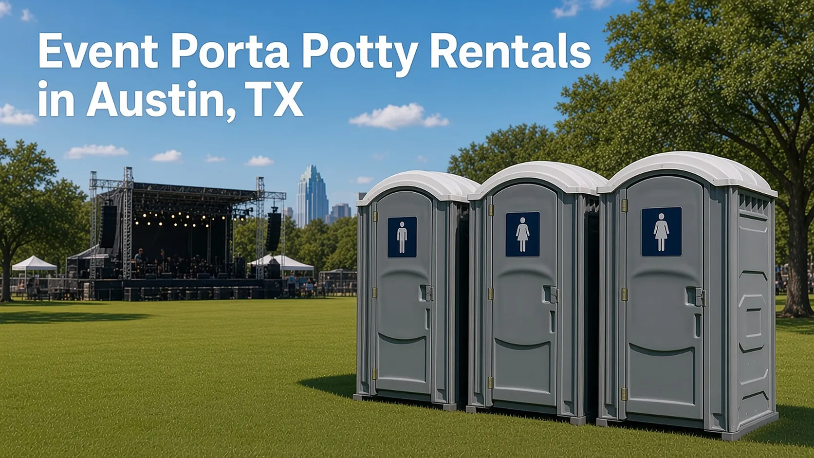 Three gray portable toilets on a festival lawn with a stage and the Austin skyline behind them, with the headline Event Porta Potty Rentals in Austin, TX