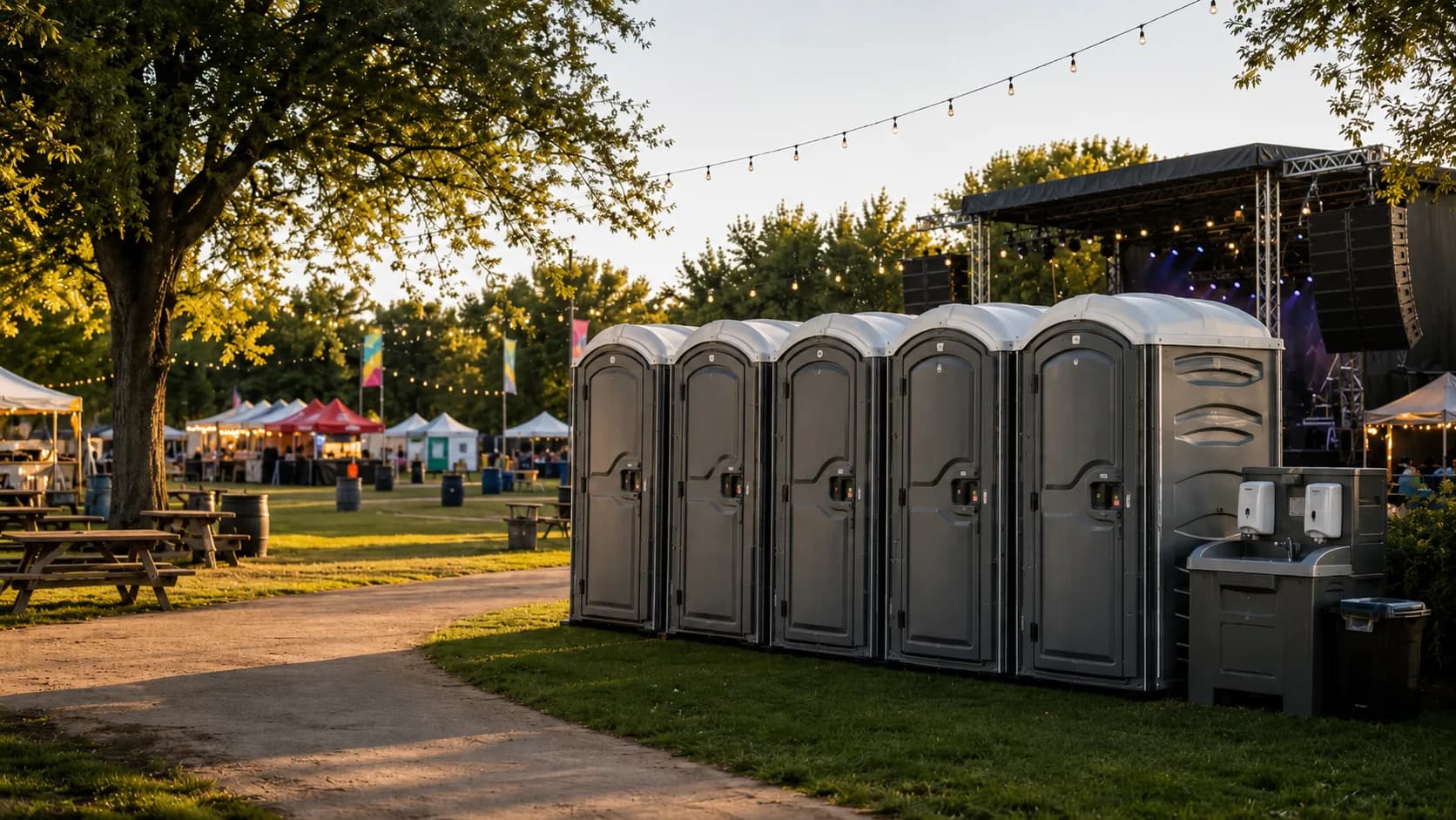 Portable toilets and hand wash station at a small Colorado music festival