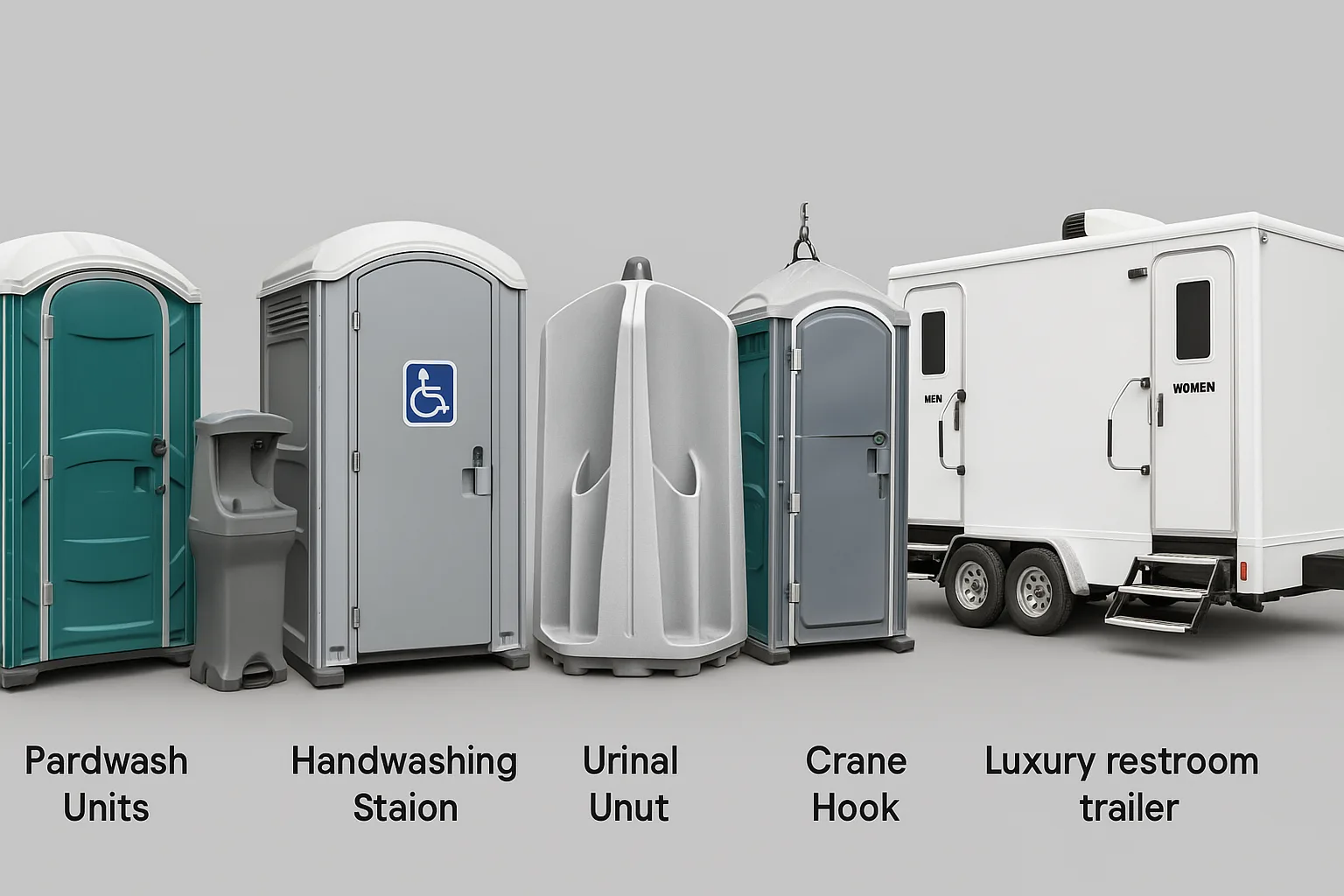 Different portable toilet rental options on a gray background