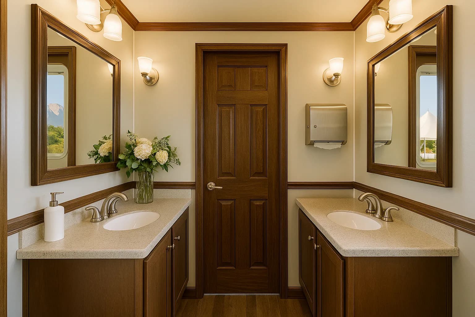 Luxury portable restroom trailer rental at an outdoor wedding event