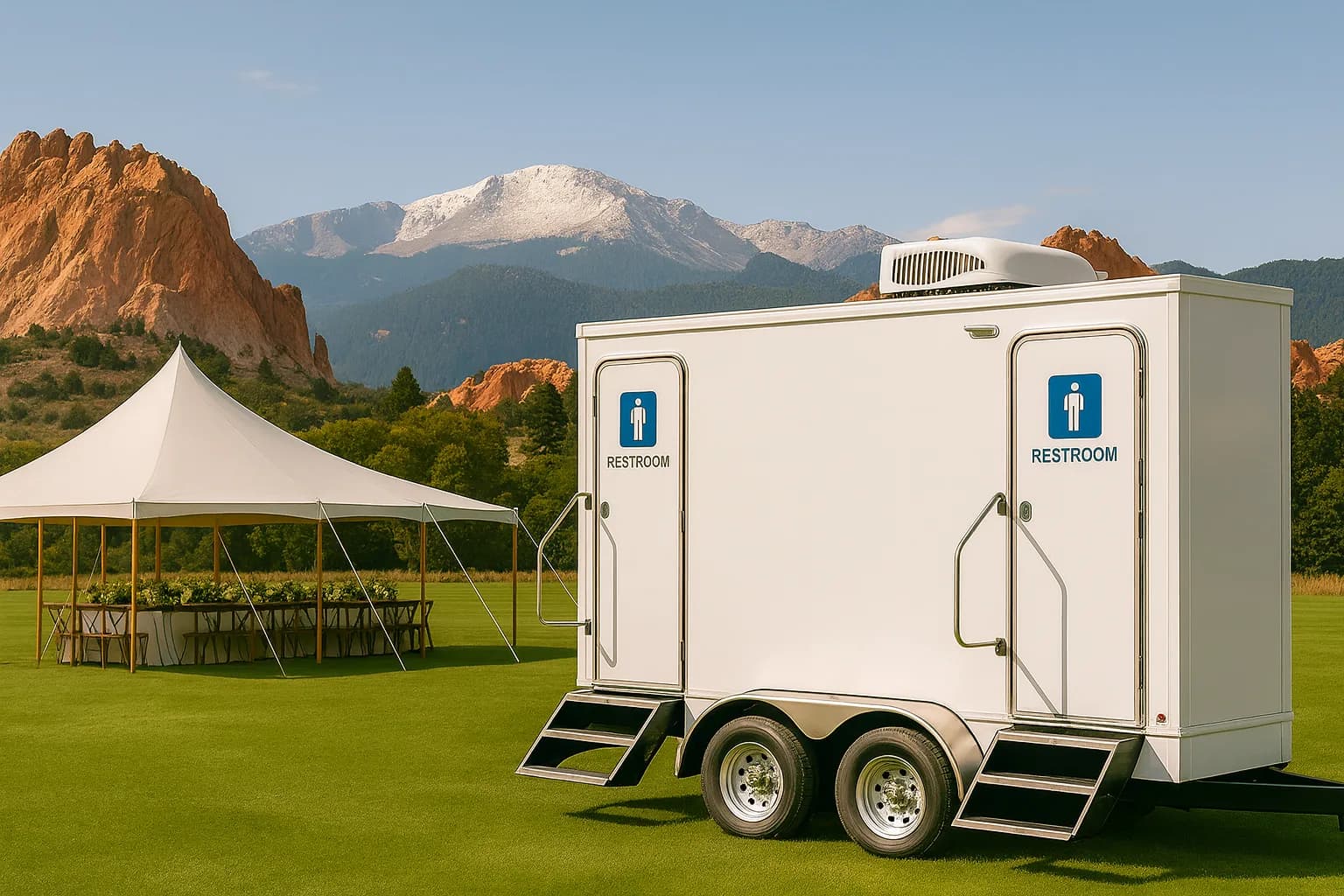Wedding restroom trailer setup for an outdoor Grand Junction wedding