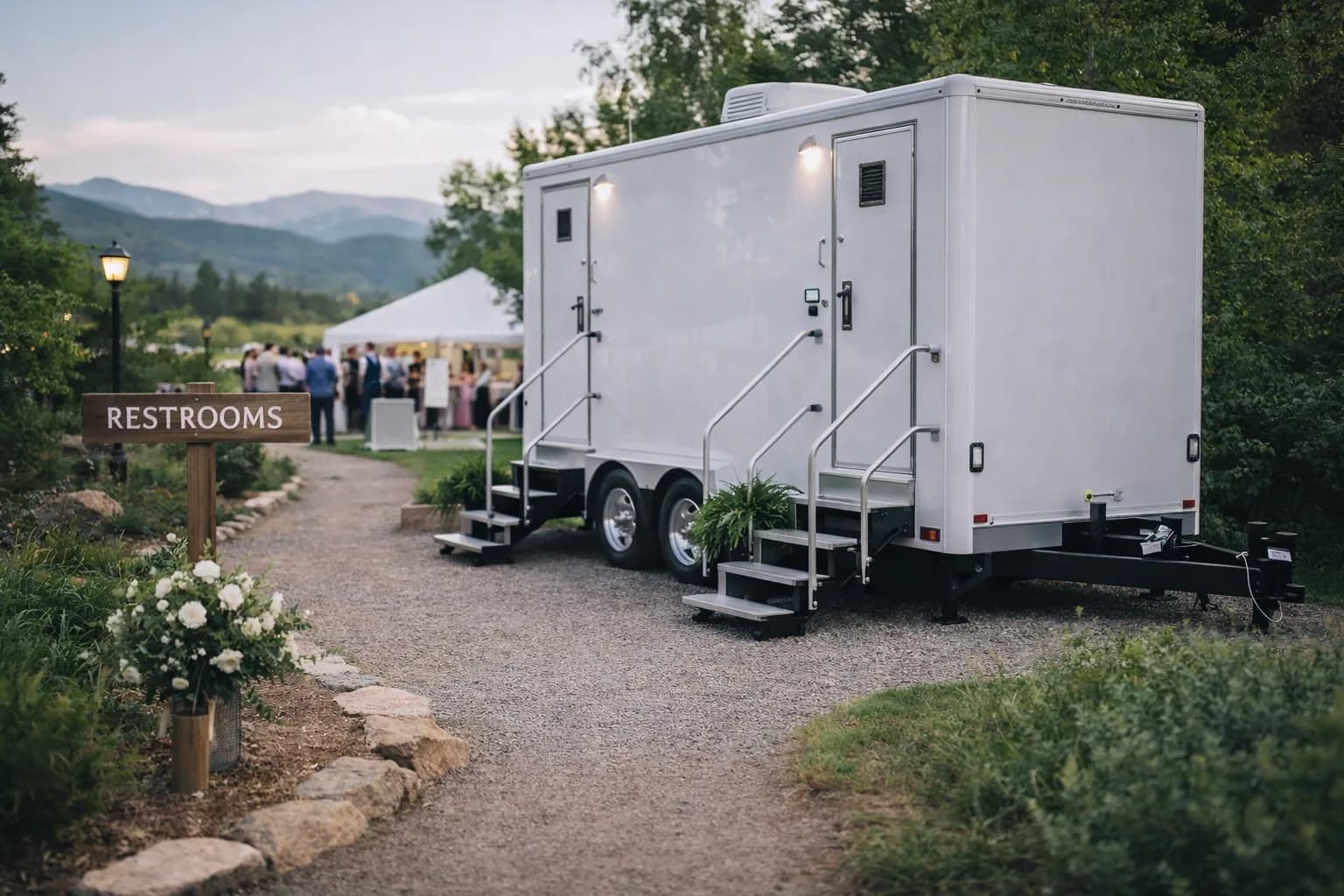 Restroom trailer placed at an outdoor wedding venue in Colorado