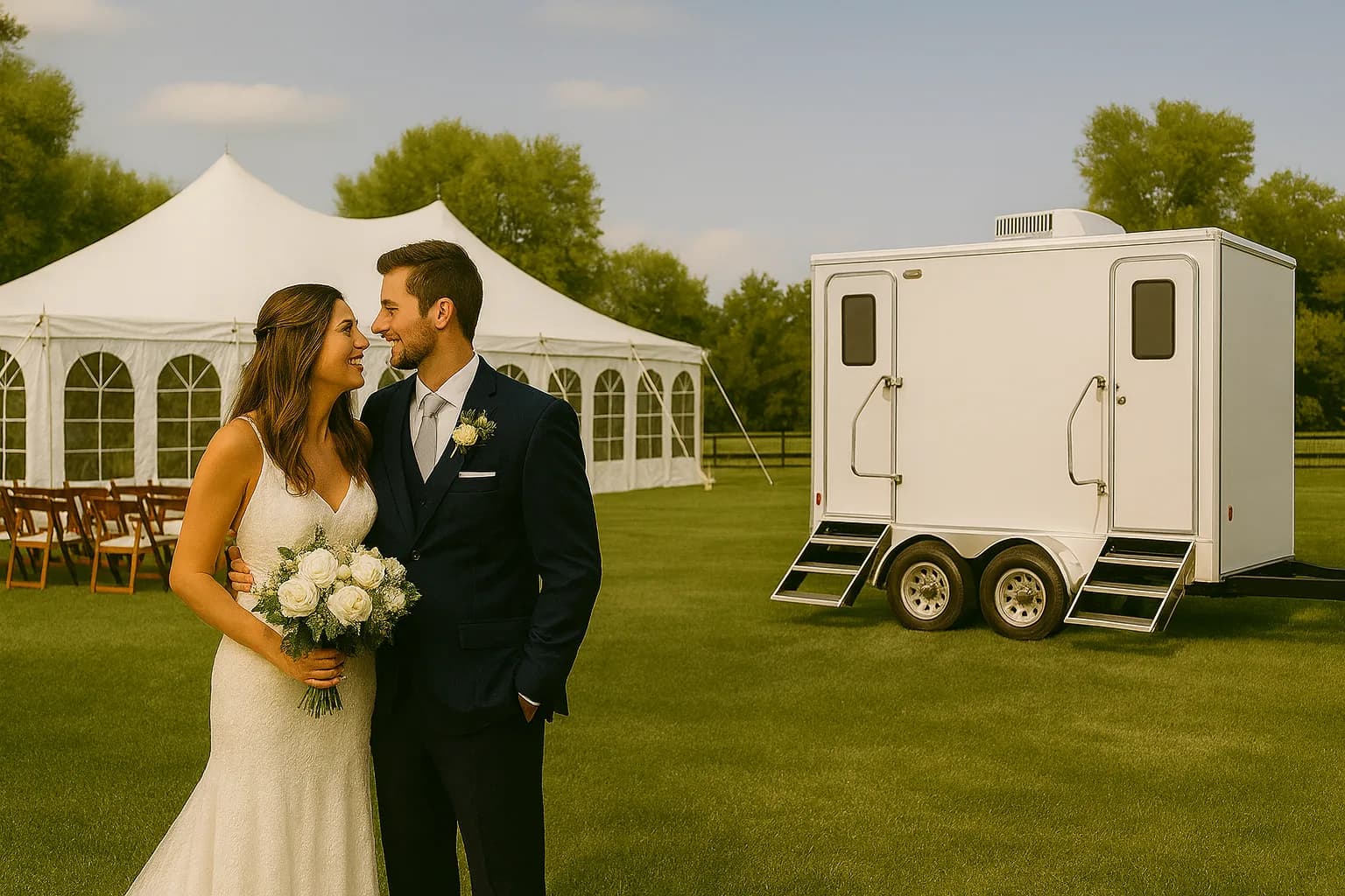 Luxury restroom trailer at a Colorado mountain wedding venue